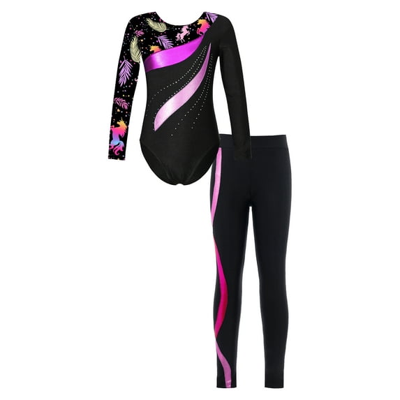 iiniim Kids Girls Gymnastics Dance Workout Outfits 2 Piece Long Sleeve Leotard with Leggings Full Body Unitard Black&Hot Pink 12
