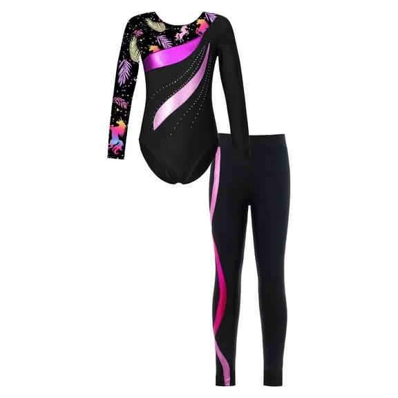iiniim Kids Girls Gymnastics Dance Workout Outfits 2 Piece Long Sleeve Leotard with Leggings Full Body Unitard Black&Hot Pink 8