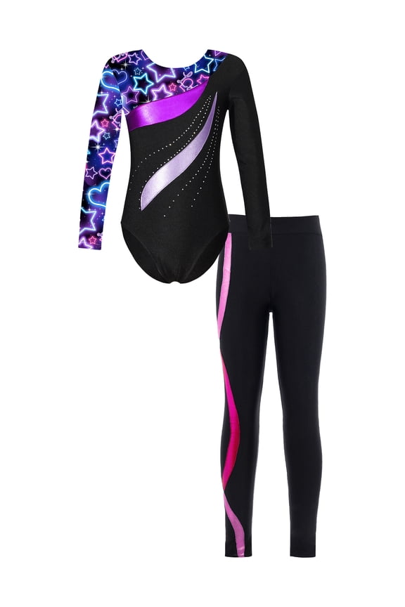Kids Girls Gymnastics Dance Workout Outfits 2 Piece Long Sleeve Leotard with Leggings Full Body Unitard Starry Black&Hot Pink 12