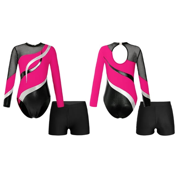 iiniim Kids Girls Gymnastics Leotard Long Sleeve One-Piece Biketard with Short Set Ballet Unitard Dance Outfit Hot Pink 14