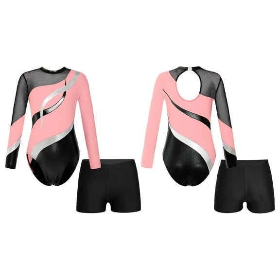iiniim Kids Girls Gymnastics Leotard Long Sleeve One-Piece Biketard with Short Set Ballet Unitard Dance Outfit Pink 6