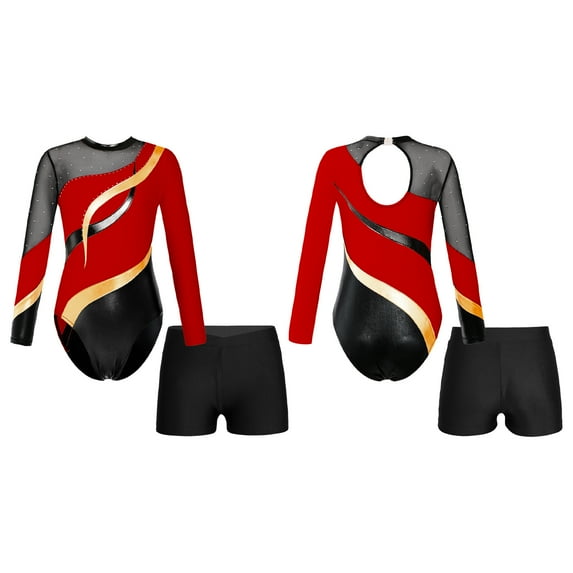 iiniim Kids Girls Gymnastics Leotard Long Sleeve One-Piece Biketard with Short Set Ballet Unitard Dance Outfit Red 12