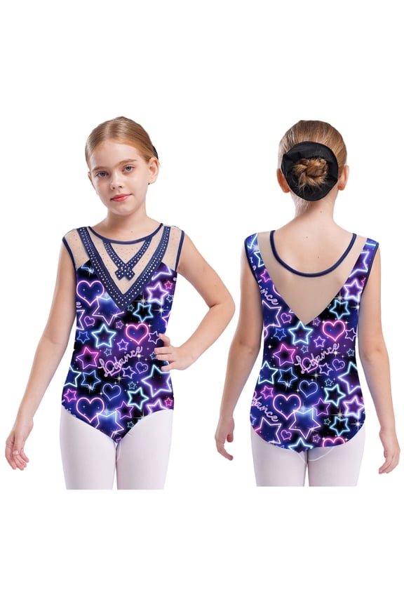 Kids Girls Gymnastics Leotard Mesh Patchwork Print Sleeveless Ballet Dance Biketard Fitness Unitard Dancewear Navy Blue 8
