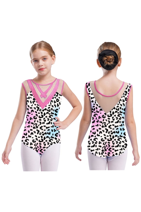 Kids Girls Gymnastics Leotard Mesh Patchwork Print Sleeveless Ballet Dance Biketard Fitness Unitard Dancewear Pink 8