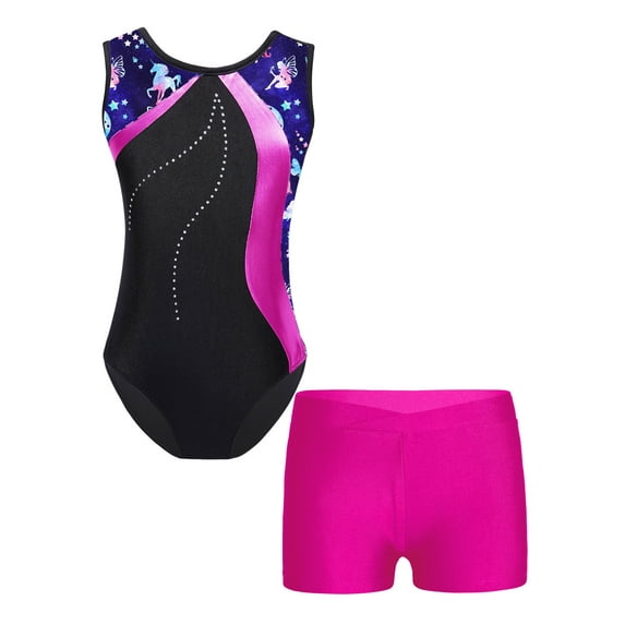 iiniim Kids Girls Gymnastics Workout Sleeveless Print Leotards with Shorts Ballerina Ballet Dance Outfit Rose 12