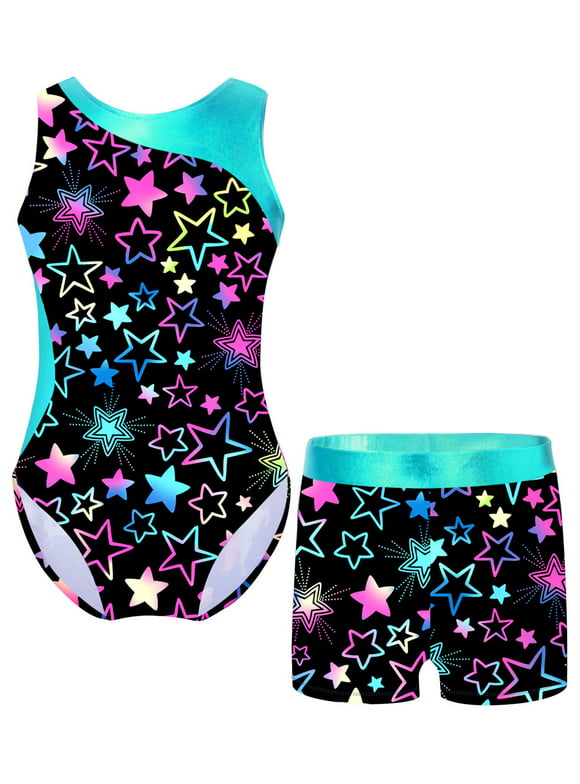 iiniim Kids Girls Gymnastics Yoga Dance Sport Sets Fancy Print Leotard and Shorts Dancewear Outfits Size 4-16 A Starry Black 6