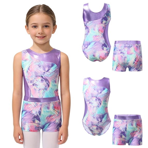 iiniim Girls Gymnastics Yoga Dance Sport Sets Print Leotard with Shorts Dancewear Size 4-16 Colorful Shadow 10