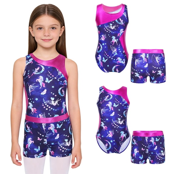iiniim Girls Gymnastics Yoga Dance Sport Sets Print Leotard with Shorts Dancewear Size 4-16 Navy Blue 12