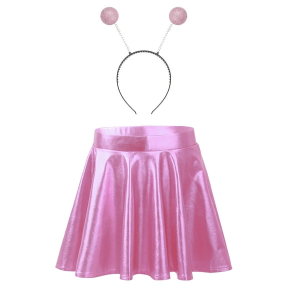iiniim Kids Girls Halloween Cosplay Outfits Metallic Shiny High Waist Skirt with Hair Hoop Set Pink 6