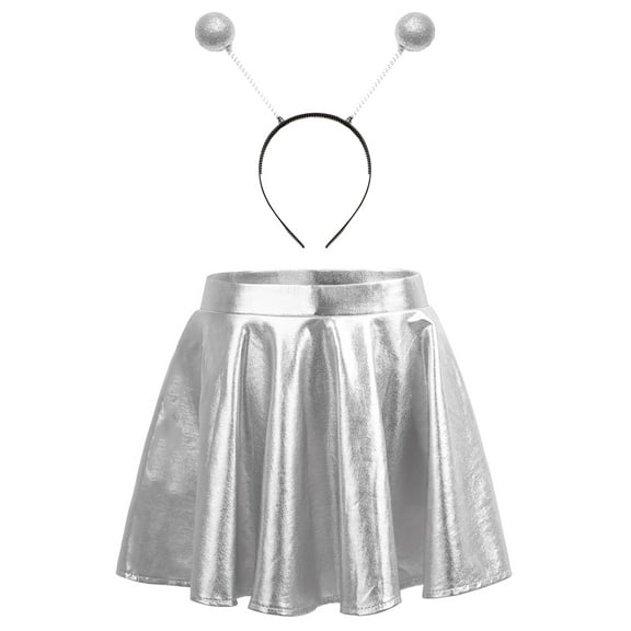 iiniim Kids Girls Halloween Cosplay Outfits Metallic Shiny High Waist Skirt with Hair Hoop Set Silver 14