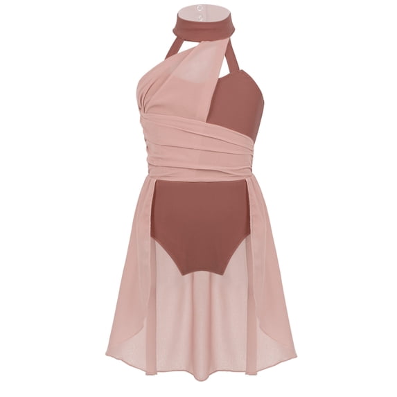 iiniim Kids Girls Halter Cutouts Modern Lyrical Dance Leotard Tulle Dress Ballet Latin Jazz Ice Skating A Dusty Pink 14