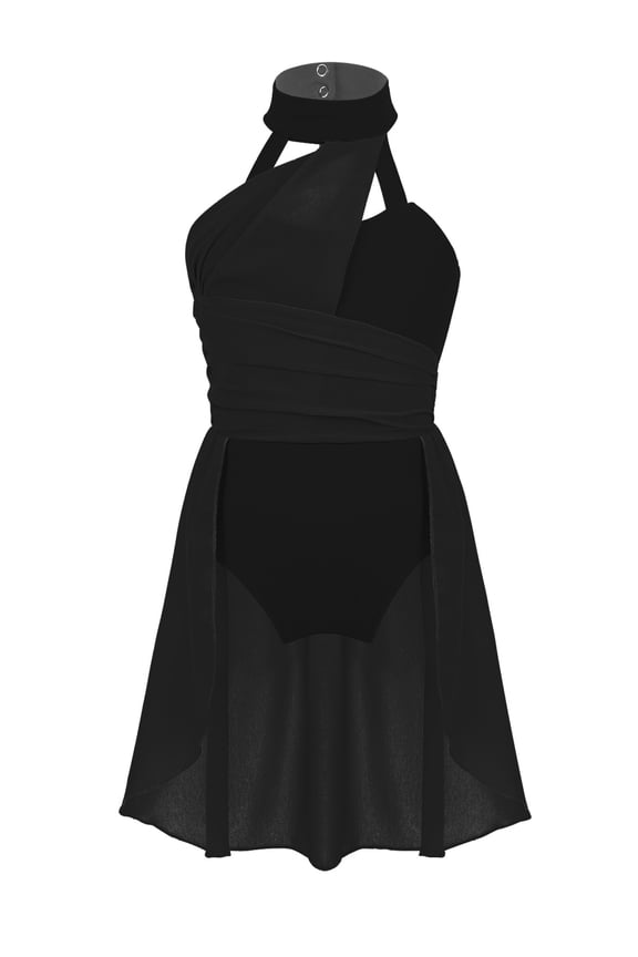 Kids Girls Halter Cutouts Modern Lyrical Dance Leotard Tulle Dress Ballet Latin Jazz Ice Skating Black 10