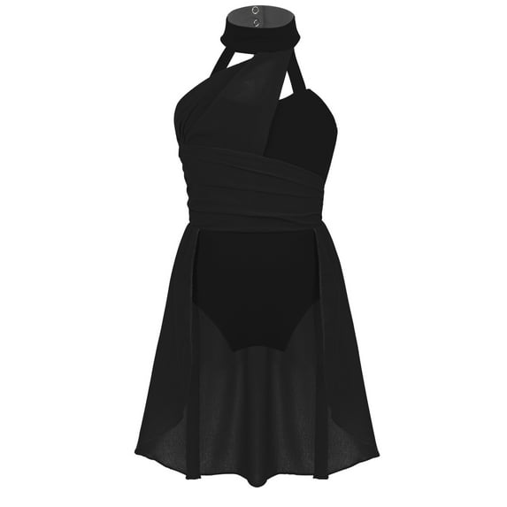 iiniim Kids Girls Halter Cutouts Modern Lyrical Dance Leotard Tulle Dress Ballet Latin Jazz Ice Skating Black 16