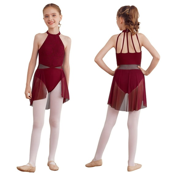 iiniim Kids Girls Halter Lace Printed Leotard Gymnastic Figure Ice Skating Ballet Dance Dress Size 6-16 Burgundy 16