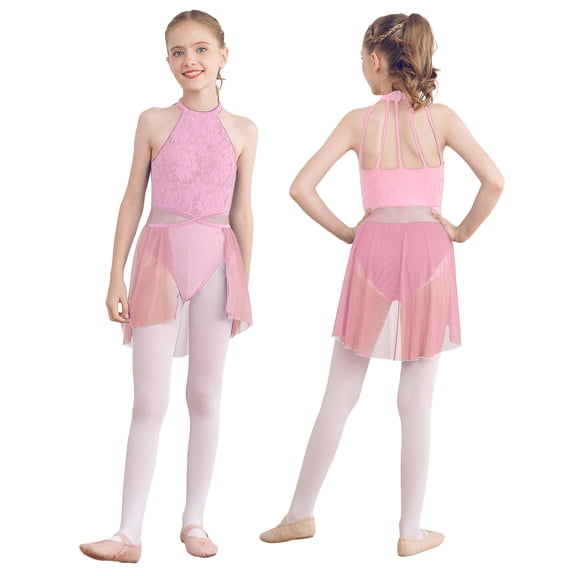 iiniim Kids Girls Halter Lace Printed Leotard Gymnastic Figure Ice Skating Ballet Dance Dress Size 6-16 Dark Pink 16
