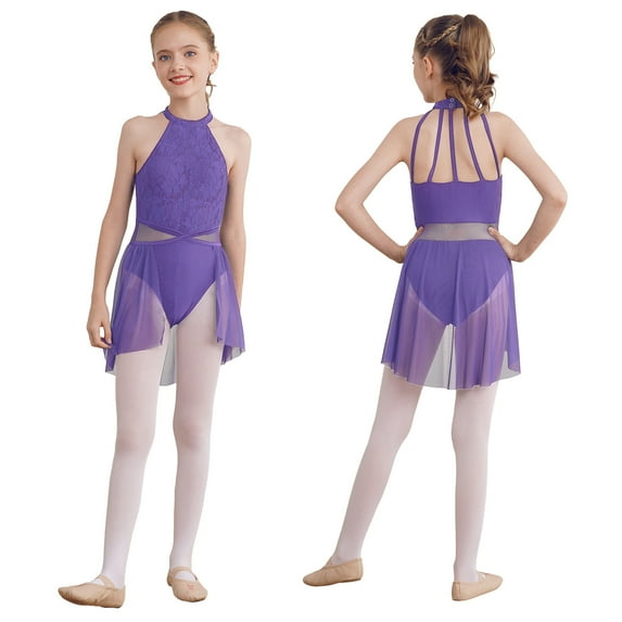 iiniim Kids Girls Halter Lace Printed Leotard Gymnastic Figure Ice Skating Ballet Dance Dress Size 6-16 Purple 10