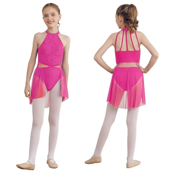 iiniim Kids Girls Halter Lace Printed Leotard Gymnastic Figure Ice Skating Ballet Dance Dress Size 6-16 Rose 16