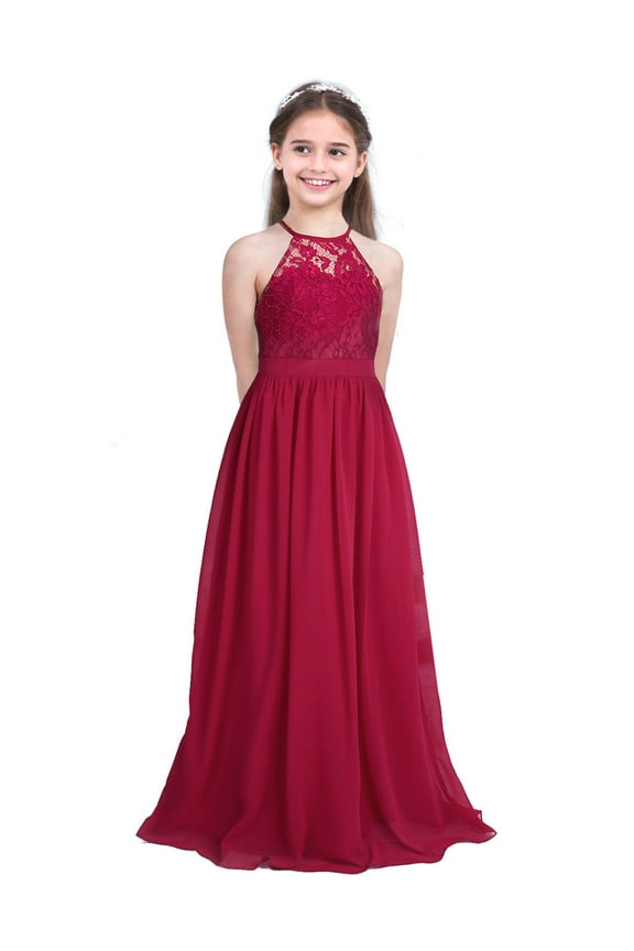Kids Girls Halter Neck Chiffon Long Party Junior Wedding Evening Prom Maxi Gown Dress