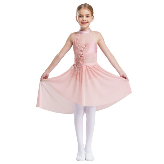 iiniim Lyrical Dance Dress for Girls Floral Rhinestone Ballet Tutu Skirt Leotard Figure Ice Skating Dancewear Pink 16