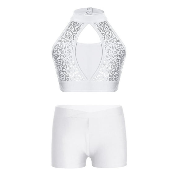 iiniim Kids Girls Halter Sequins Crop Top with Shorts Set Jazz Hip Hop Modern Street Ballet Ballroom Dance Costume White 14