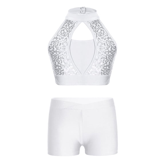 iiniim Kids Girls Halter Sequins Crop Top with Shorts Set Jazz Hip Hop Modern Street Ballet Ballroom Dance Costume White 6