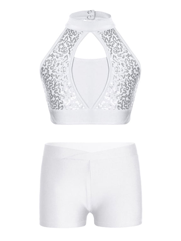 Kids Girls Halter Sequins Crop Top with Shorts Set Jazz Hip Hop Modern Street Ballet Ballroom Dance Costume White 6