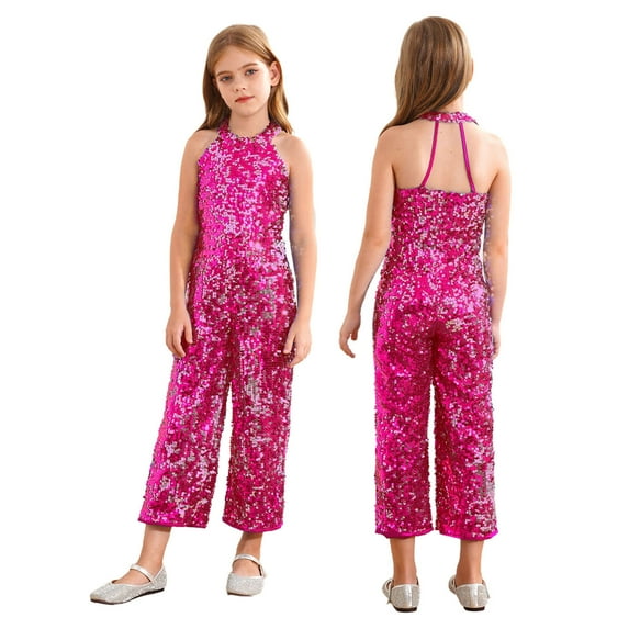 iiniim Kids Girls Halter Shiny Sequins Jazz Latin Dance Jumpsuit Sleeveless Romper Long Pants A Hot Pink 10