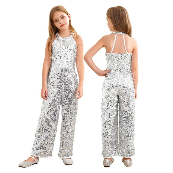 iiniim Kids Girls Halter Shiny Sequins Jazz Latin Dance Jumpsuit Sleeveless Romper Long Pants Silver 10