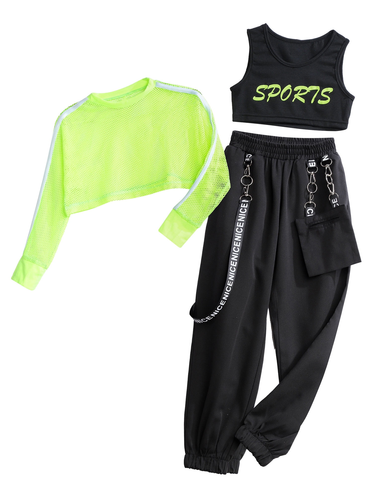 Iiniim Mädchen Hip Hop Outfit - Sport BH Crop Top + Cargo Hose Set