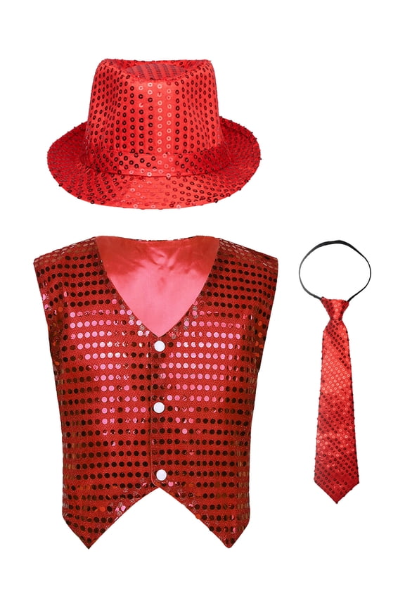 Kids Girls Hip-Hop Street Dance Sequined Vest Waistcoat Stage Performance Glittery Jacket Red 120