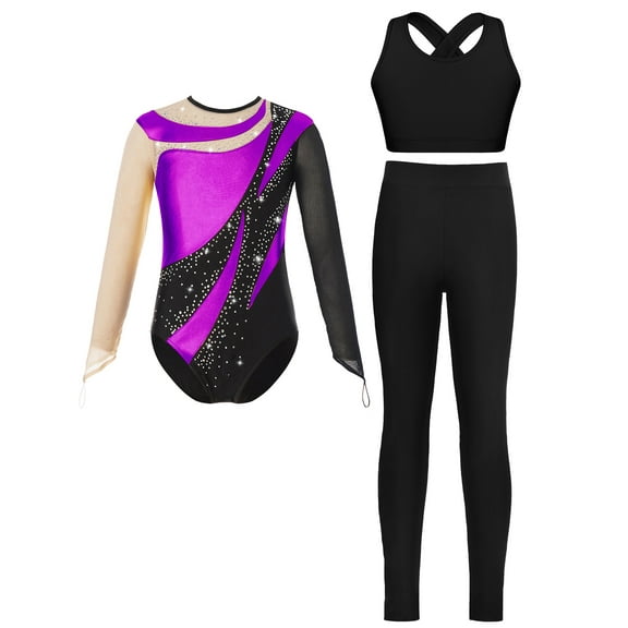 iiniim Kids Girls Ice Figure Skating Gymnastics Leotard Rhinestones Mesh Patchwork Bodysuit with Sleeveless Vest Purple 10