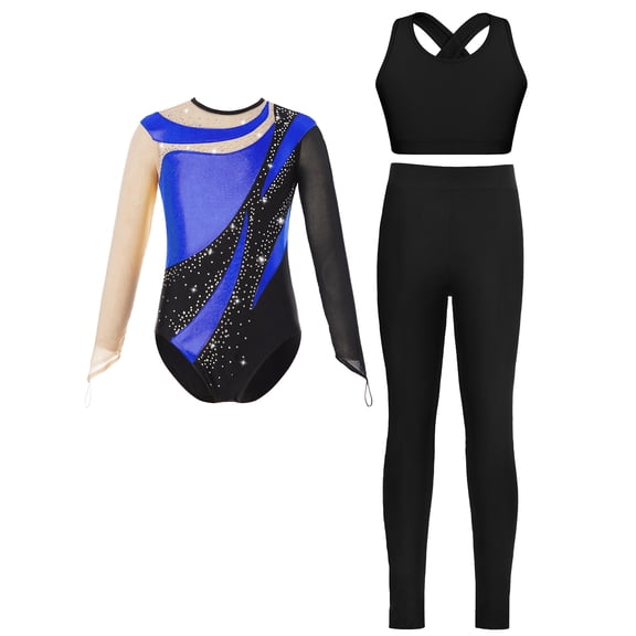 iiniim Kids Girls Ice Figure Skating Gymnastics Leotard Rhinestones Mesh Patchwork Bodysuit with Sleeveless Vest Royal Blue 6