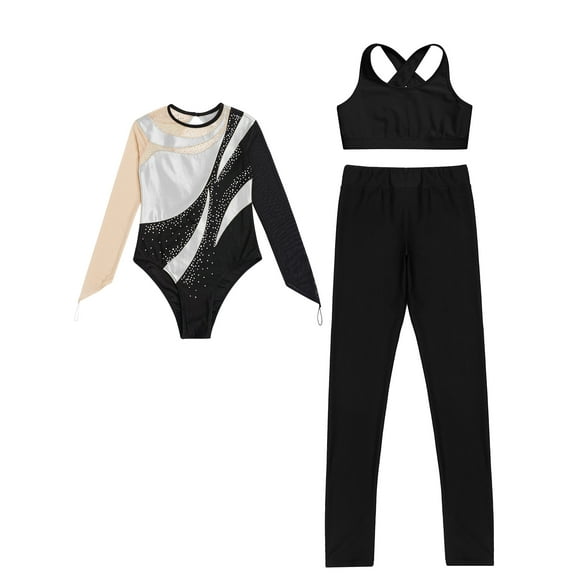 iiniim Kids Girls Ice Figure Skating Gymnastics Leotard Rhinestones Mesh Patchwork Bodysuit with Sleeveless Vest Silver 6