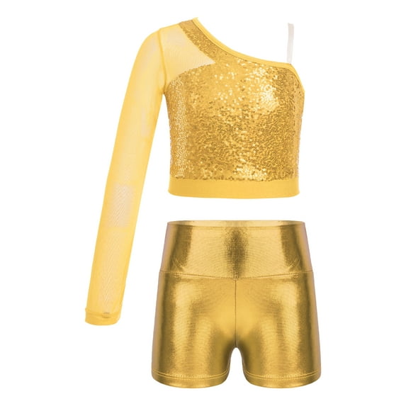 iiniim Kids Girls Jazz Hip Hop Dance Sequins Mesh Long Sleeve One Shoulder Dance Top with Shorts Gold 16