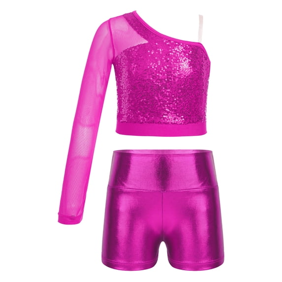 iiniim Kids Girls Jazz Hip Hop Dance Sequins Mesh Long Sleeve One Shoulder Dance Top with Shorts Hot Pink 12
