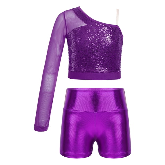 iiniim Kids Girls Jazz Hip Hop Dance Sequins Mesh Long Sleeve One Shoulder Dance Top with Shorts Purple 12