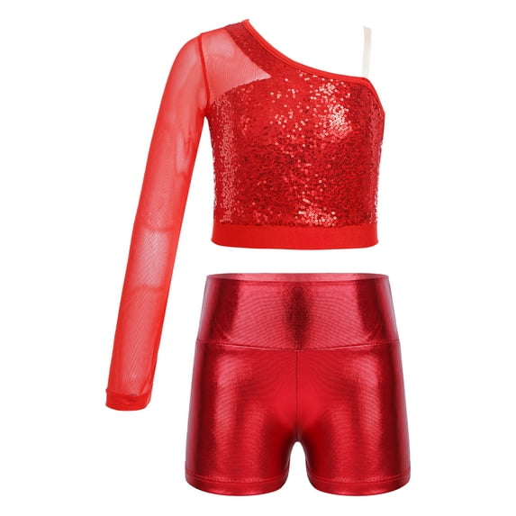 iiniim Kids Girls Jazz Hip Hop Dance Sequins Mesh Long Sleeve One Shoulder Dance Top with Shorts Red 6