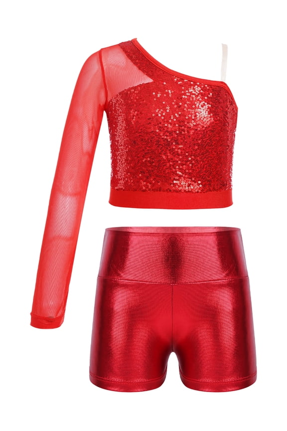 Kids Girls Jazz Hip Hop Dance Sequins Mesh Long Sleeve One Shoulder Dance Top with Shorts Red 6
