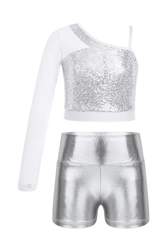 Kids Girls Jazz Hip Hop Dance Sequins Mesh Long Sleeve One Shoulder Dance Top with Shorts Silver 6