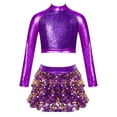 thumbnail image 1 of iiniim Kids Girls Jazz Hip Hop Modern Dance Outfits Sequins Mock Neck Long Sleeve Crop Top with Skirted Shorts Purple 12, 1 of 7