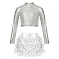 thumbnail image 1 of iiniim Kids Girls Jazz Hip Hop Modern Dance Sequins Mock Neck Long Sleeve Crop Top with Skirted Shorts Silver 6, 1 of 7
