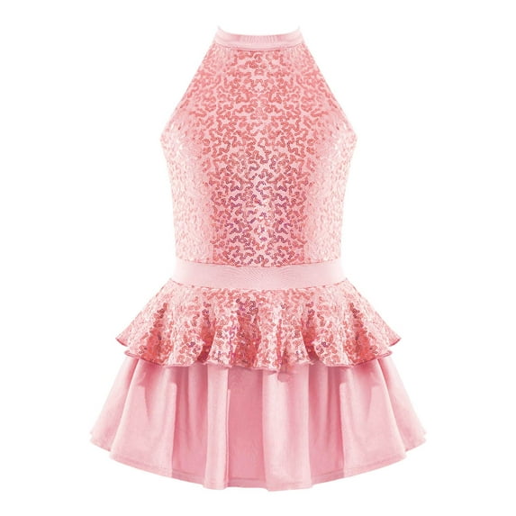 iiniim Kids Girls Jazz Modern Dancewear Shiny Sequin Sleeveless Open Back Ruffle Dress