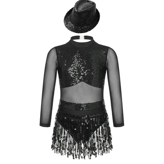 iiniim Kids Girls Jazz Tango Dance leotard Outfit Long Sleeve Sparkle Sequins Tassles Hollow Back Black 6