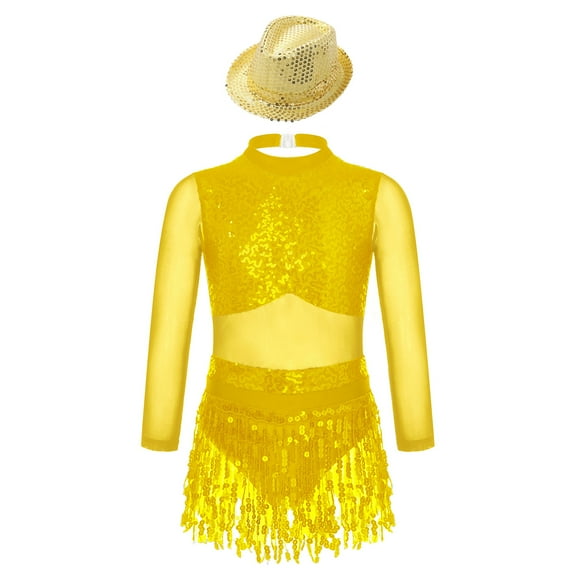 iiniim Kids Girls Jazz Tango Dance leotard Outfit Long Sleeve Sparkle Sequins Tassles Hollow Back Gold 14