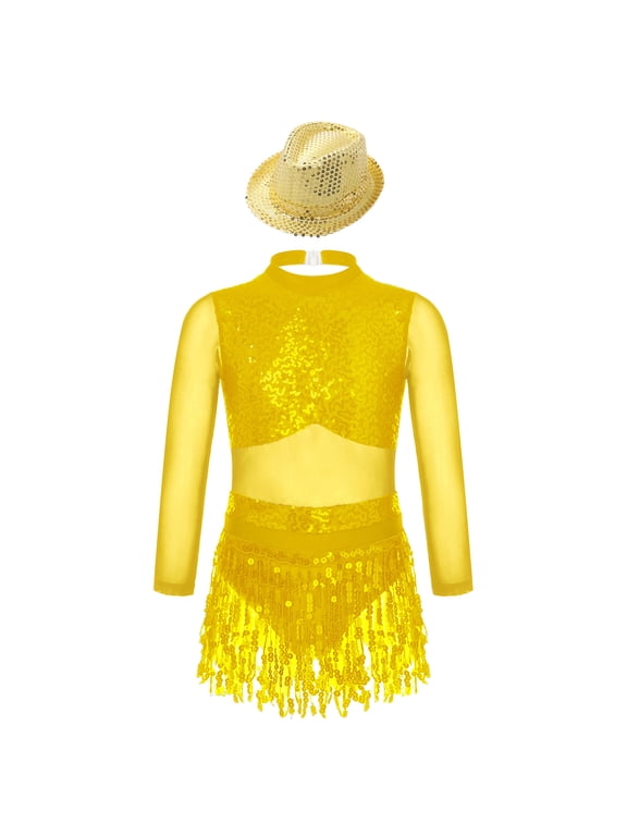 Kids Girls Jazz Tango Dance leotard Outfit Long Sleeve Sparkle Sequins Tassles Hollow Back Gold 6