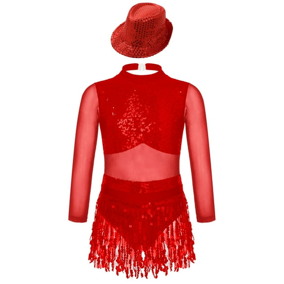iiniim Kids Girls Jazz Tango Dance leotard Outfit Long Sleeve Sparkle Sequins Tassles Hollow Back Red 16