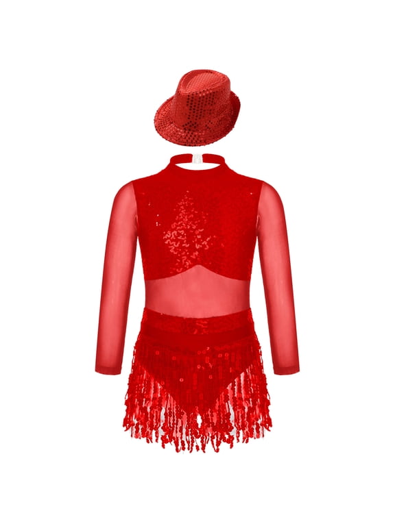 Kids Girls Jazz Tango Dance leotard Outfit Long Sleeve Sparkle Sequins Tassles Hollow Back Red 6