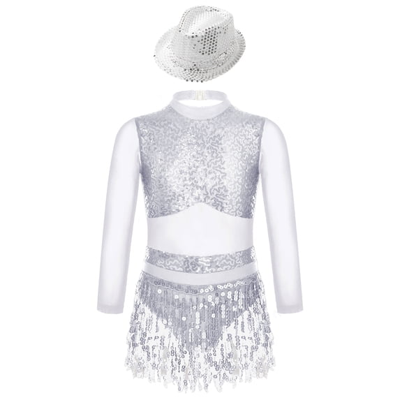 iiniim Kids Girls Jazz Tango Dance leotard Outfit Long Sleeve Sparkle Sequins Tassles Hollow Back Silver 8