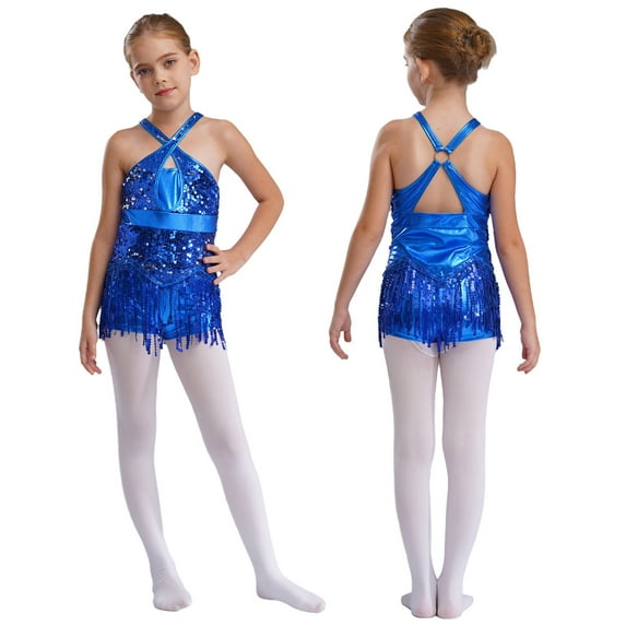 iiniim Kids Girls Latin Dance Hip Hop Jazz Performance Sparkly Tassel Leotard Bodysuit Dancewear A Blue 12