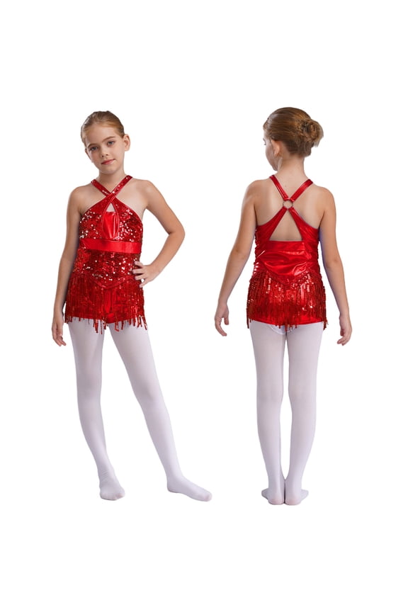 Kids Girls Latin Dance Hip Hop Jazz Performance Sparkly Tassel Leotard Bodysuit Dancewear Red 8